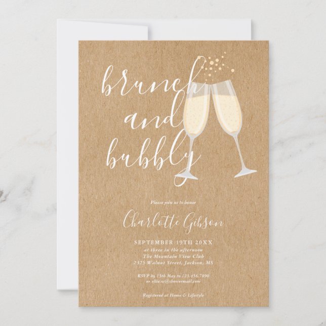 Invitation Brunch Bubbly Script Fête des mariées Rustic Kraft (Devant)