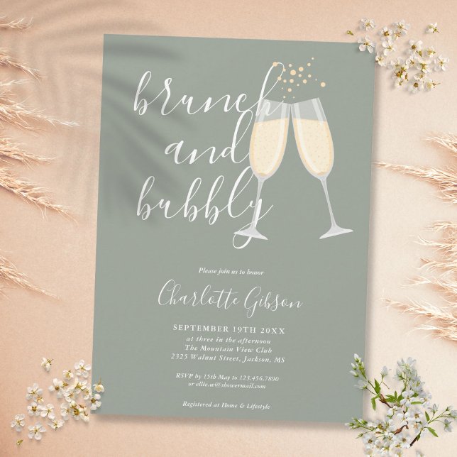 Invitation Brunch Bubbly Script Fête des mariées Sage Green (Brunch Bubbly Script Bridal Shower Sage Green Invitation)