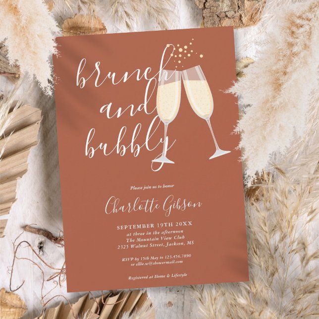 Invitation Brunch Bubbly Script Réception de Mariage Terracot (Brunch Bubbly Script Bridal Shower Terracotta Invitation)