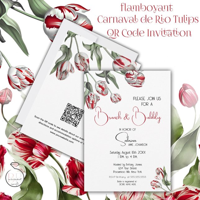 Invitation Brunch & Bubbly | Tulipes Rembrandt rouges et blan (Stunning Red and White Carnaval de Rio Tulips Brunch and Bubbly with QR code for further information)