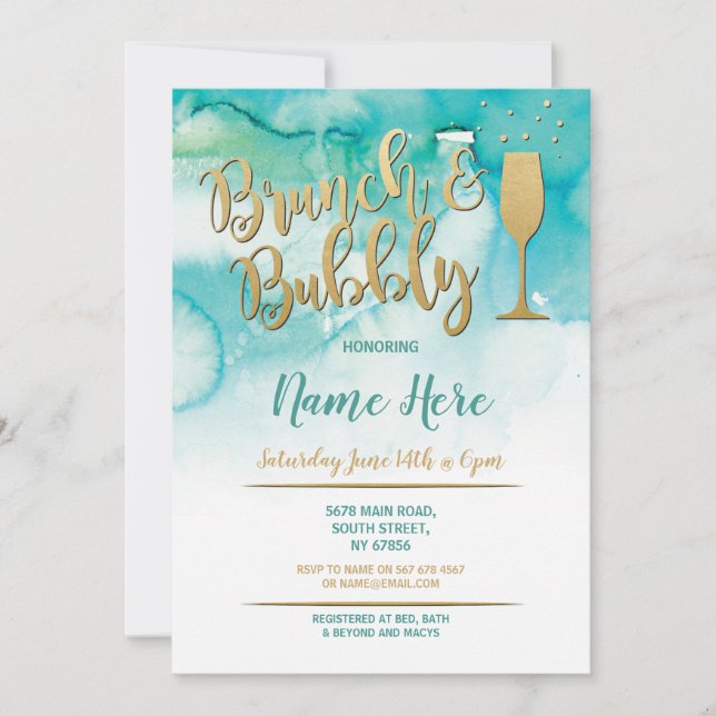 Invitation Brunch & Bubbly Turquoise Gold Fête des mariées In (Devant)