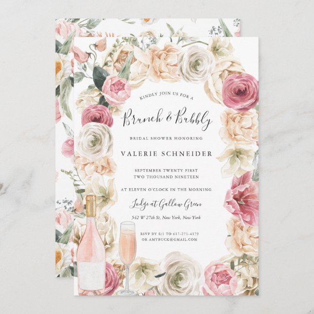 Invitation Brunch & Bubbly | Vin rosé Fête des mariées floral (Devant / Derrière)