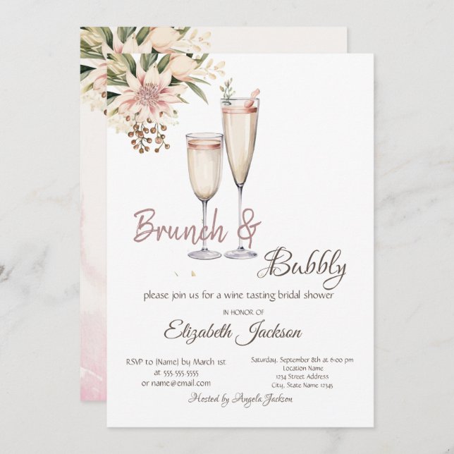 Invitation Brunch & Bubbly Vin Verre Fête des mariées Florale (Devant / Derrière)