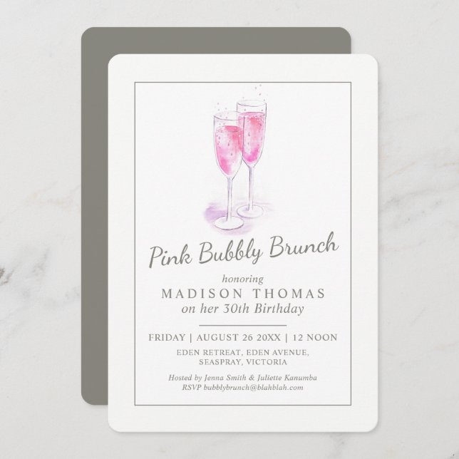 Invitation Brunch bulles de champagne rose événement (Devant / Derrière)