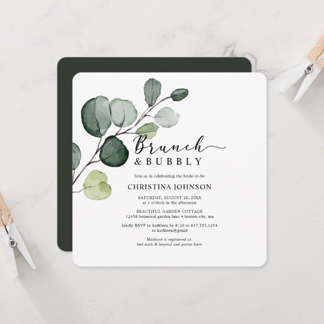 Invitation Brunch Bulles de verdure d'eucalyptus Baby Shower  (Devant/Arrière en situation)