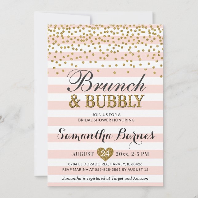 Invitation Brunch Bulles Rose Pâle Or Fête de Mariage (Devant)
