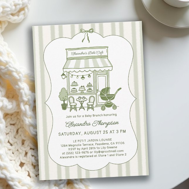 Invitation Brunch Café Bébé Baby Shower (baby shower brunch invitation coffee theme brewing olive green bistro hand drawn modern chic stripes)