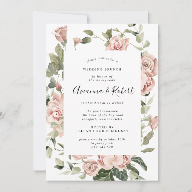 Invitation Brunch champêtre floral rose après mariage (Devant)
