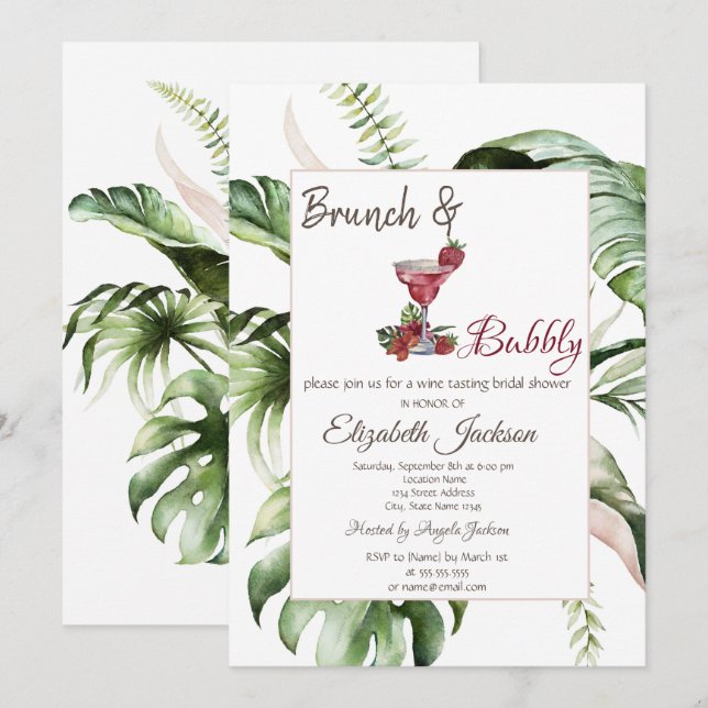Invitation Brunch cocktail aux feuilles tropicales et bulles (Devant / Derrière)