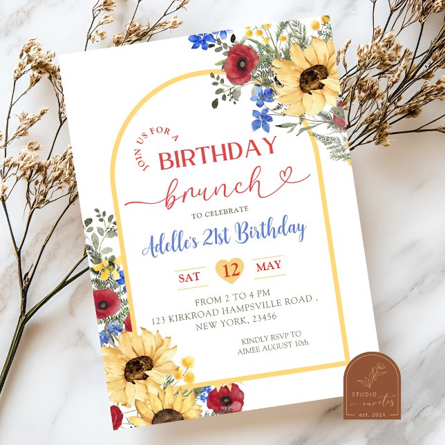 Invitation brunch d'anniversaire d'été Fleur color (Créateur téléchargé)