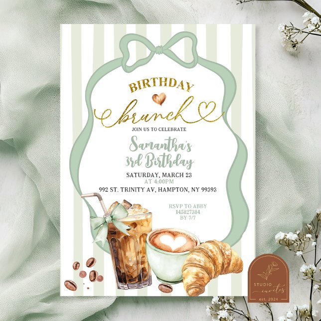 Invitation Brunch d'anniversaire rayures coquette vert sauge  (Créateur téléchargé)
