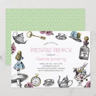 Invitation Brunch d'anniversaire rose et vert du pays des mer