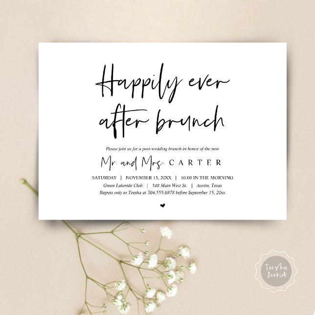 Invitation Brunch de déjeuner après mariage, heureux pour tou (Happily Ever After Brunch Invitation Card, Post wedding, Modern Script, Timeless Black and White)