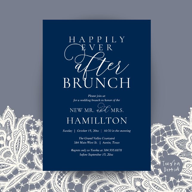 Invitation Brunch de Félicitations Éternelles Moderne Après-M (Happily Ever After Brunch Modern Post Wedding Invitation Card in Navy Blue)