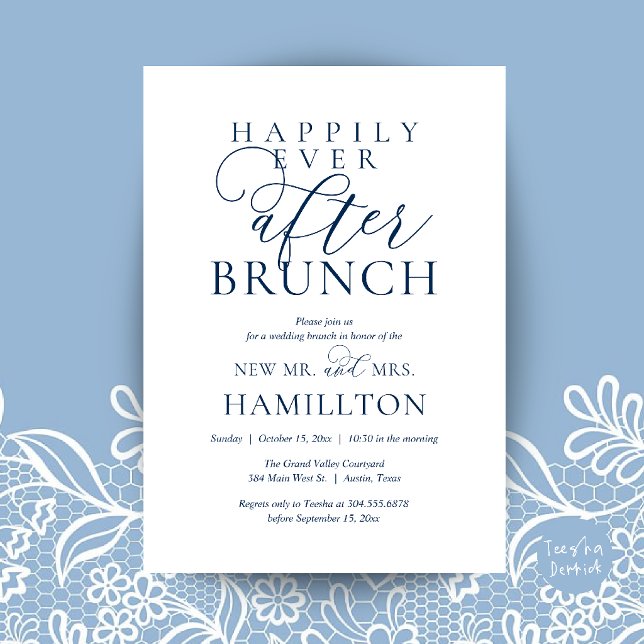 Invitation Brunch de Félicitations Éternelles Moderne Après-M (Happily Ever After Brunch Modern Post Wedding Invitation Card in navy Blue)