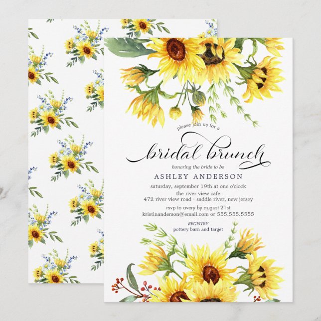 Invitation Brunch de Fête des mariées de tournesol jaune gai (Devant / Derrière)