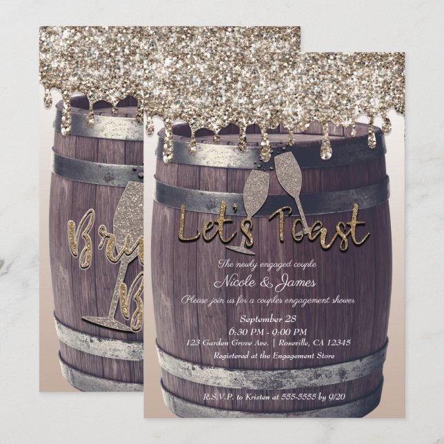 Invitation Brunch de fiançailles avec Champagne et Glitter Dr (Devant / Derrière)