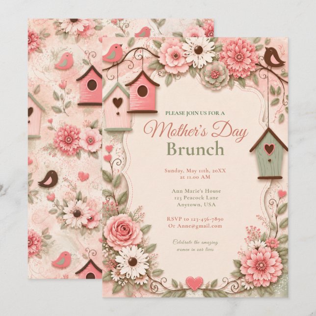 Invitation Brunch de la fête des mères aux fleurs roses (Devant / Derrière)