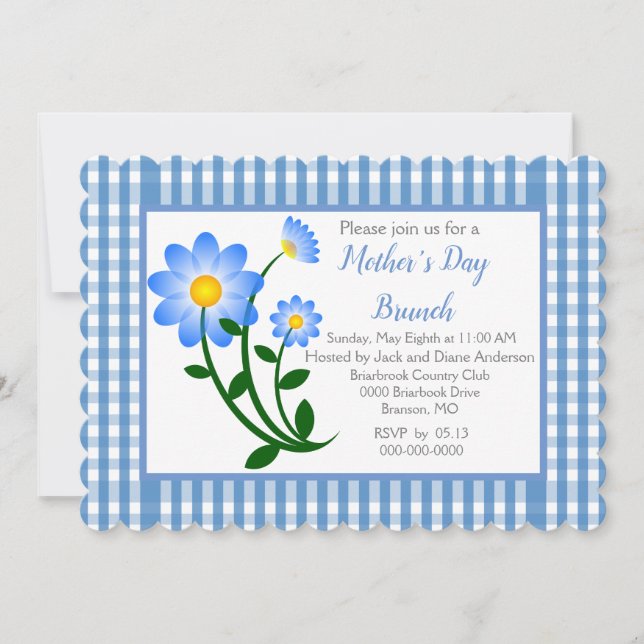 Invitation Brunch de la fête des mères en gingham bleu (Devant)
