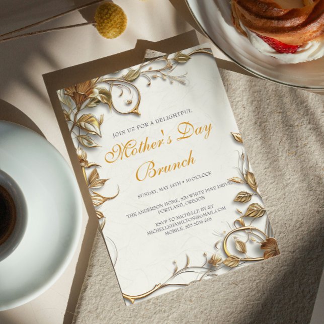 Invitation Brunch de la fête des mères Feuilles d'or (Créateur téléchargé)