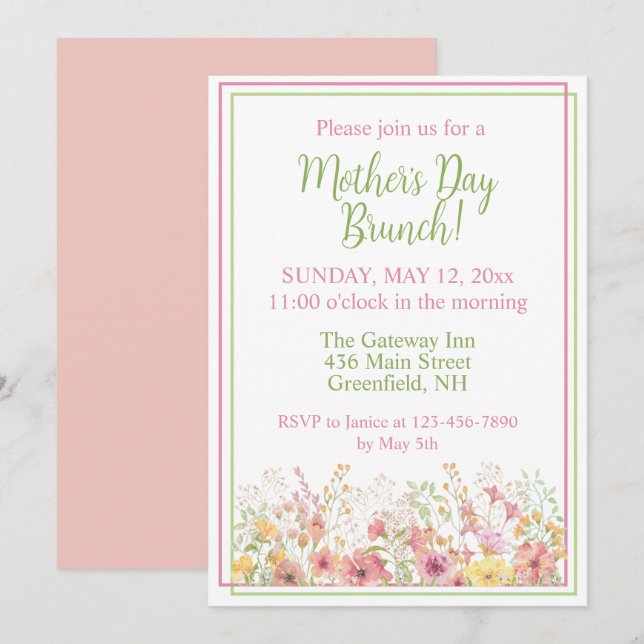 Invitation Brunch de la Fête des mères Fleurs sauvages rose e (Devant / Derrière)