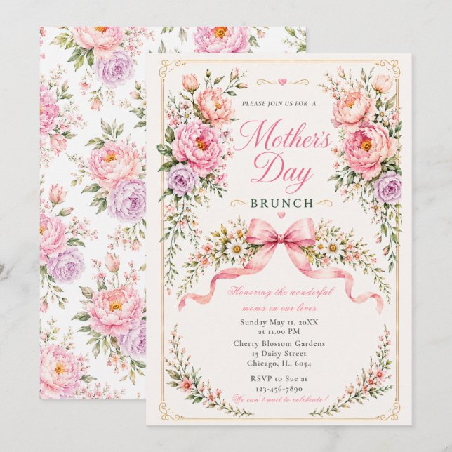 Invitation Brunch de la fête des mères floral (Devant / Derrière)
