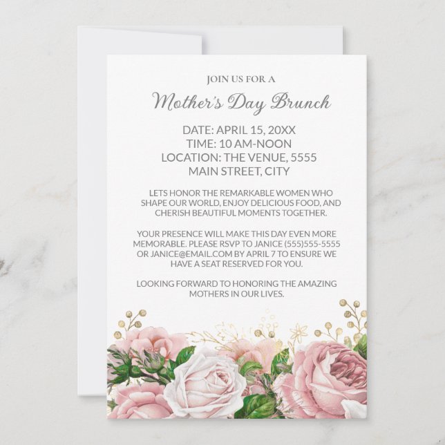 Invitation Brunch de la fête des Mères Formel Floral Rose  (Devant)