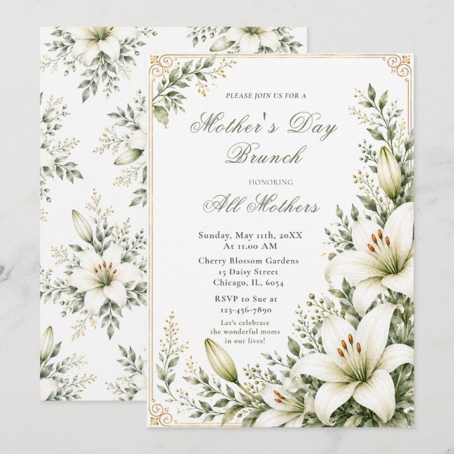 Invitation Brunch de la fête des mères White Lily (Devant / Derrière)