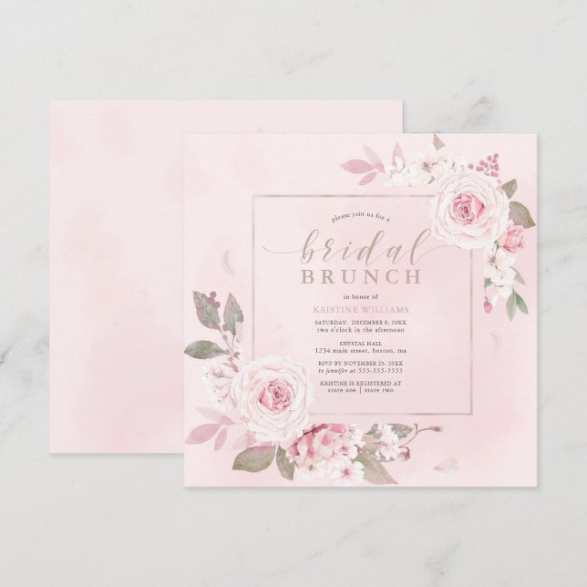 Invitation Brunch de la nuptiale florale de rose rose pâle (Devant / Derrière)
