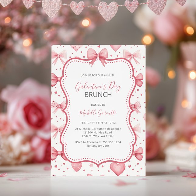 Invitation Brunch de la Saint-Valentin avec des nœuds roses e (Galentine’s Day Pink Bows & Hearts Brunch Invitation)