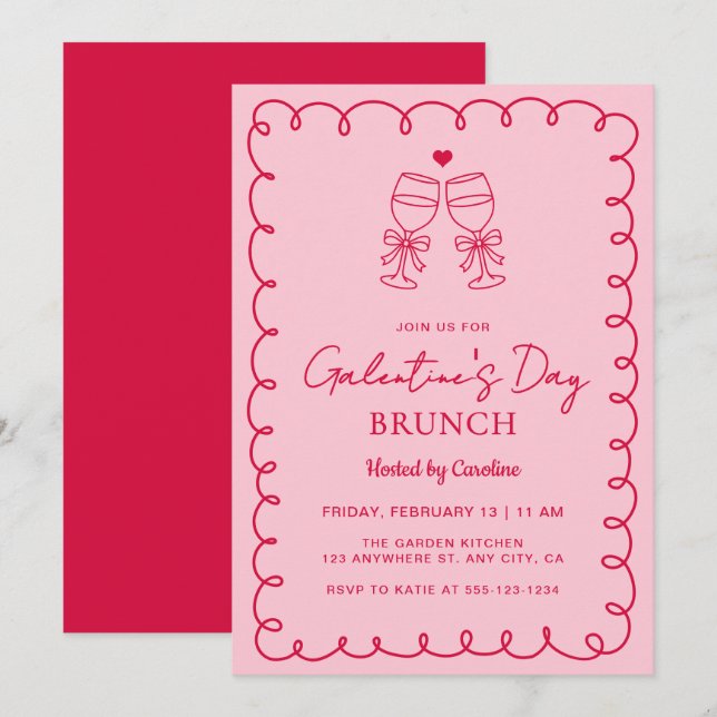 Invitation Brunch de la Saint-Valentin rose et rouge dessiné  (Devant / Derrière)