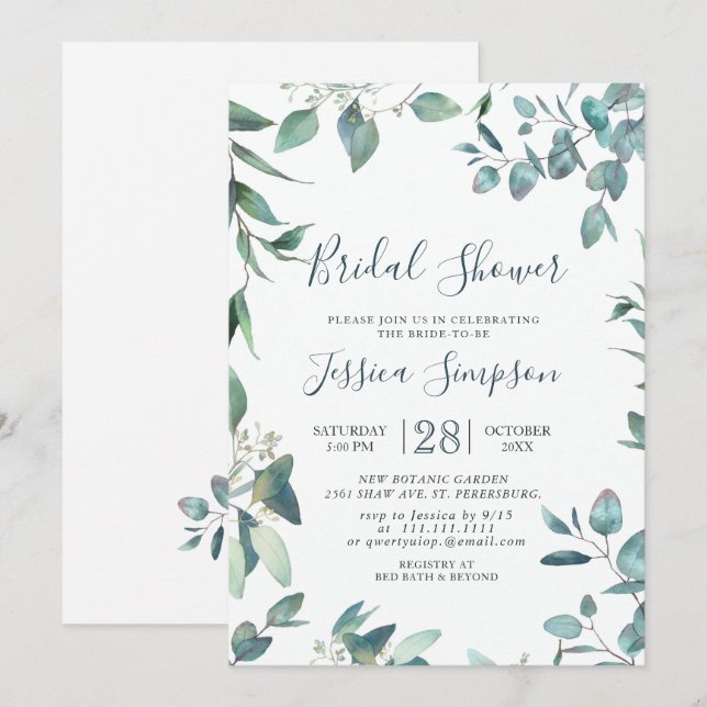 Invitation Brunch de mariage à la verdure d'eucalyptus aquare (Devant / Derrière)