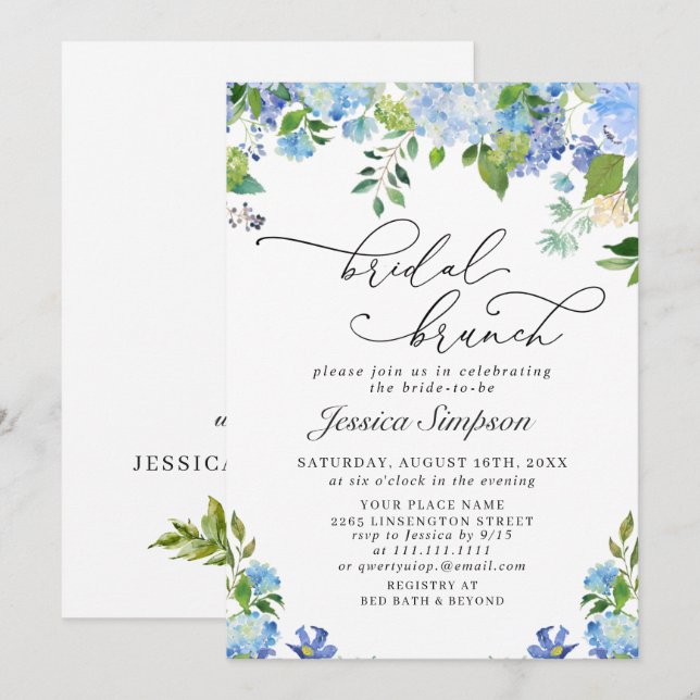 Invitation Brunch de mariage à l'aquarelle avec hydrangea ble (Devant / Derrière)