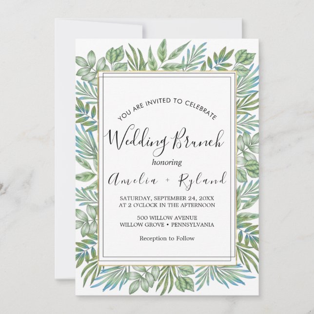 Invitation Brunch de mariage aérien avec feuillage et feuille (Devant)