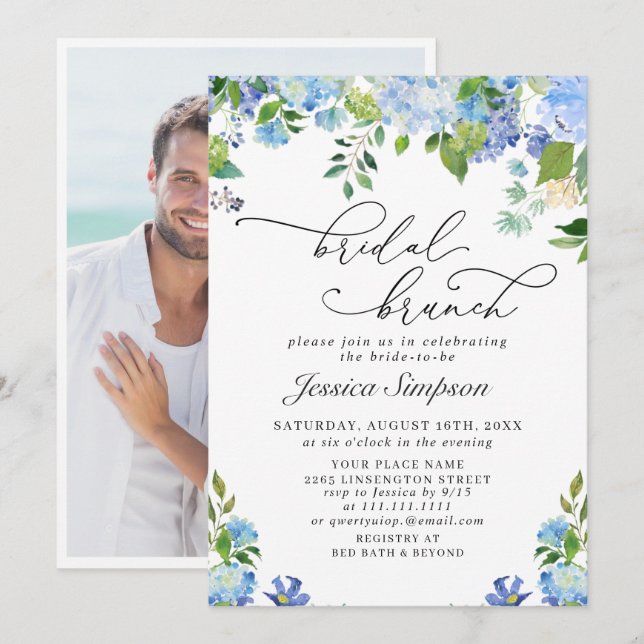 Invitation Brunch de mariage aquarelle Hydrangea bleu élégant (Devant / Derrière)