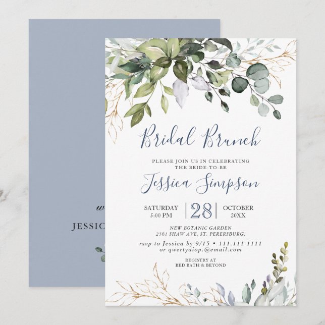 Invitation Brunch de mariage avec eucalyptus en aquarelle et  (Devant / Derrière)
