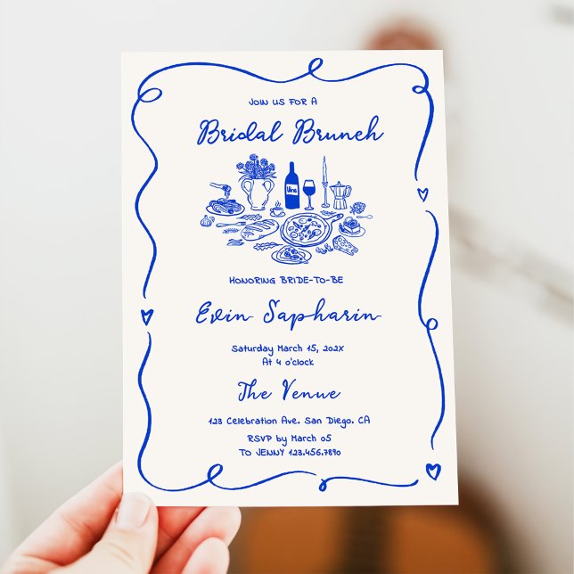 Invitation Brunch de mariage bleu cobalt dessiné à la main (Créateur téléchargé)
