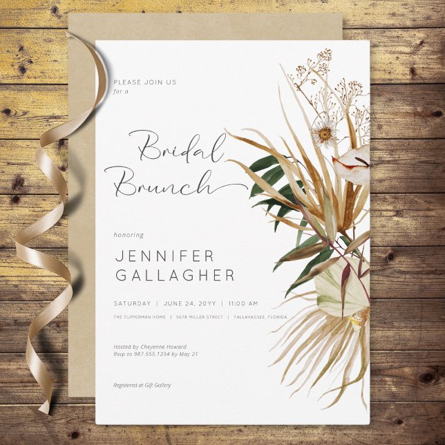 Invitation Brunch de mariage bohème blanc moderne avec fleurs (Modern White Boho Dried Floral Bridal Brunch Invitation)