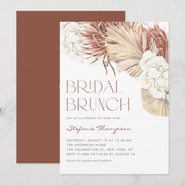 Invitation Brunch de mariage Bohème Orchidées et feuilles de  (Devant / Derrière)