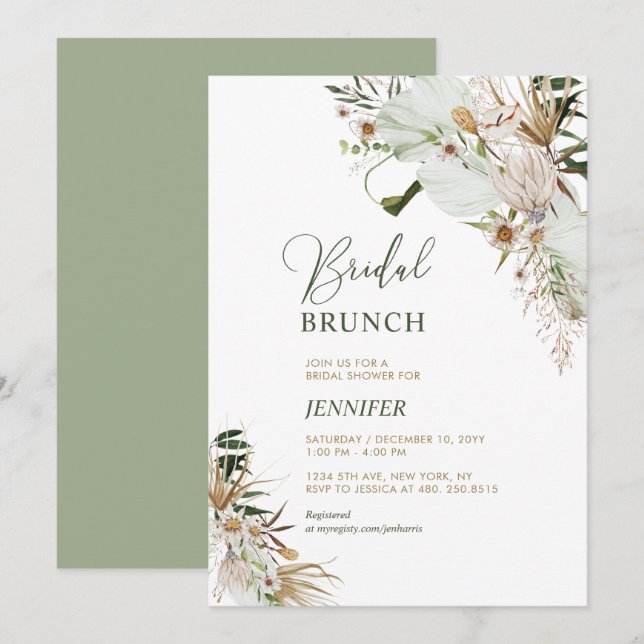 Invitation Brunch de mariage bohème vert et or botanique (Devant / Derrière)
