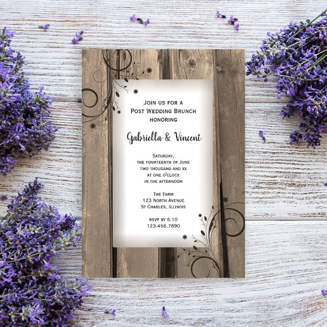 Invitation Brunch de mariage champêtre en bois de grange (Invite guests to your day after celebration with this rustic post wedding brunch invitation.)