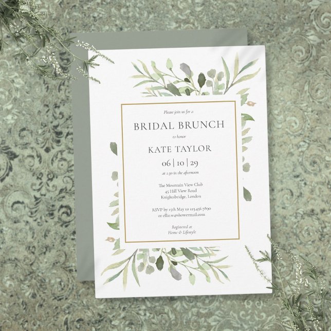 Invitation Brunch de mariage chic avec verdure à l'aquarelle  (Watercolor Greenery Chic Gold Bridal Brunch Invitation)