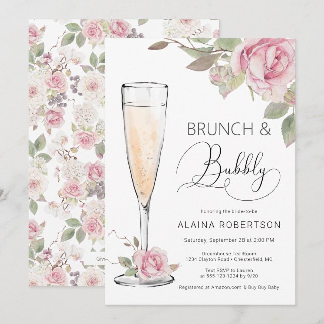 Invitation Brunch de mariage et mimosa au champagne rose (Devant / Derrière)