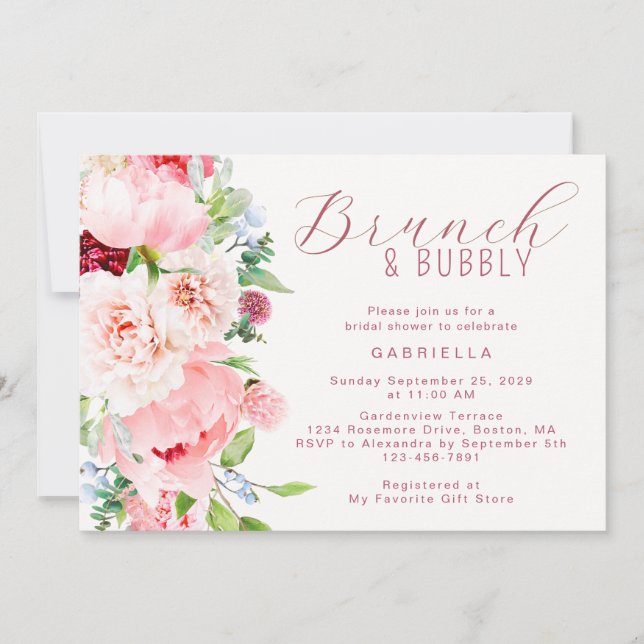 Invitation Brunch de mariage floral aquarelle rose (Devant)