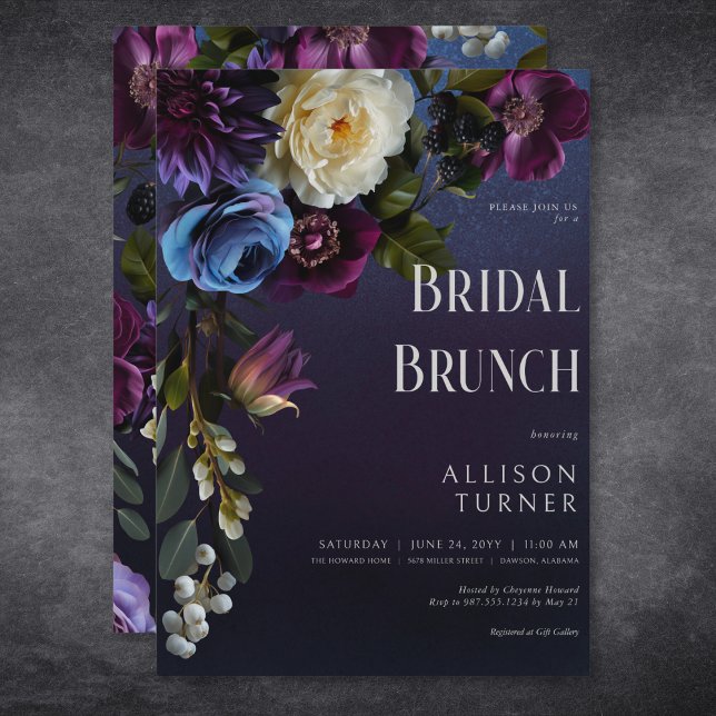 Invitation Brunch de mariage floral bleu foncé et violet méla (Dark Blue & Purple Floral Moody Bridal Brunch Invitation)