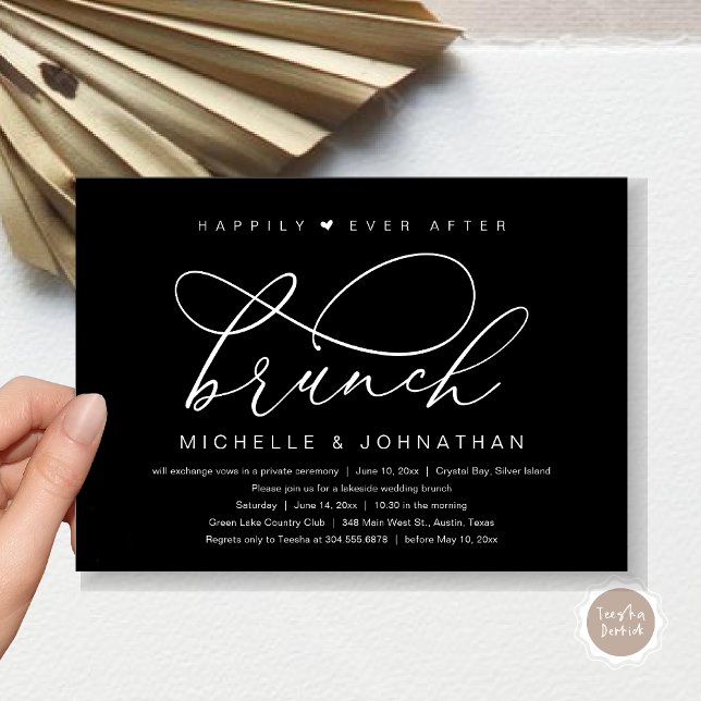 Invitation Brunch de Mariage Heureux, Fête Romantique Moderne (Happily Ever After Brunch Party, Invitation Card, Modern Romantic Wedding Elopement, Classy Black)