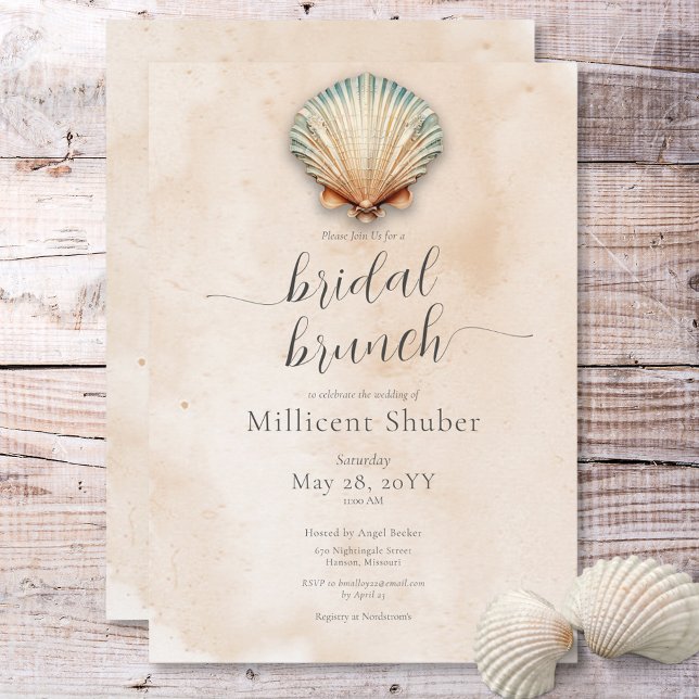 Invitation Brunch de mariage moderne aux coquillages de la me (Modern Coastal Seashell Sand Bridal Brunch Invitation)