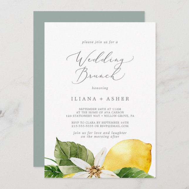 Invitation Brunch de mariage moderne Lemon Garden (Devant / Derrière)