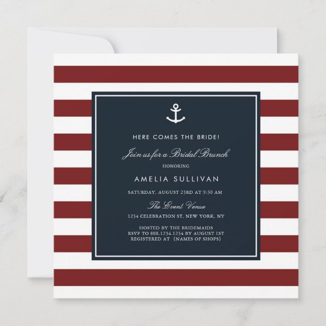 Invitation Brunch de mariage naval rayures bleues et rouges (Devant)