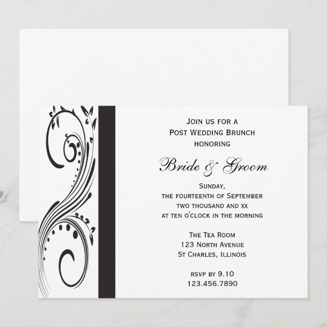 Invitation Brunch de mariage noir et blanc avec des tourbillo (Devant / Derrière)